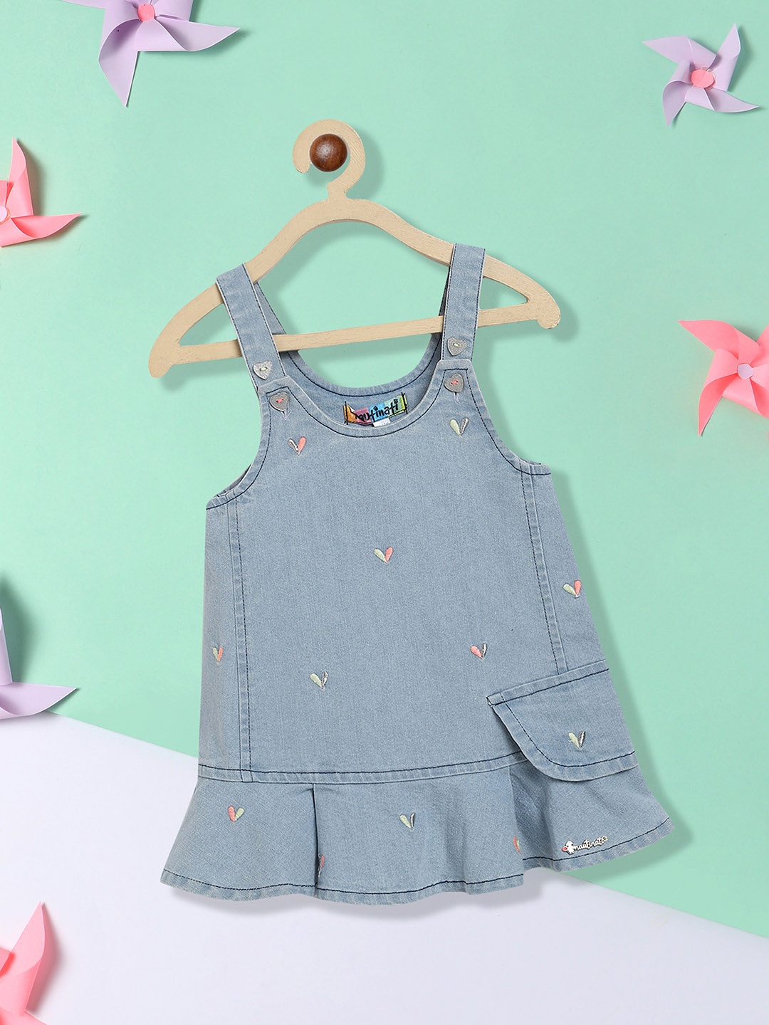 

Nauti Nati Girls Blue Embroidered Cotton Denim Pinafore Dress