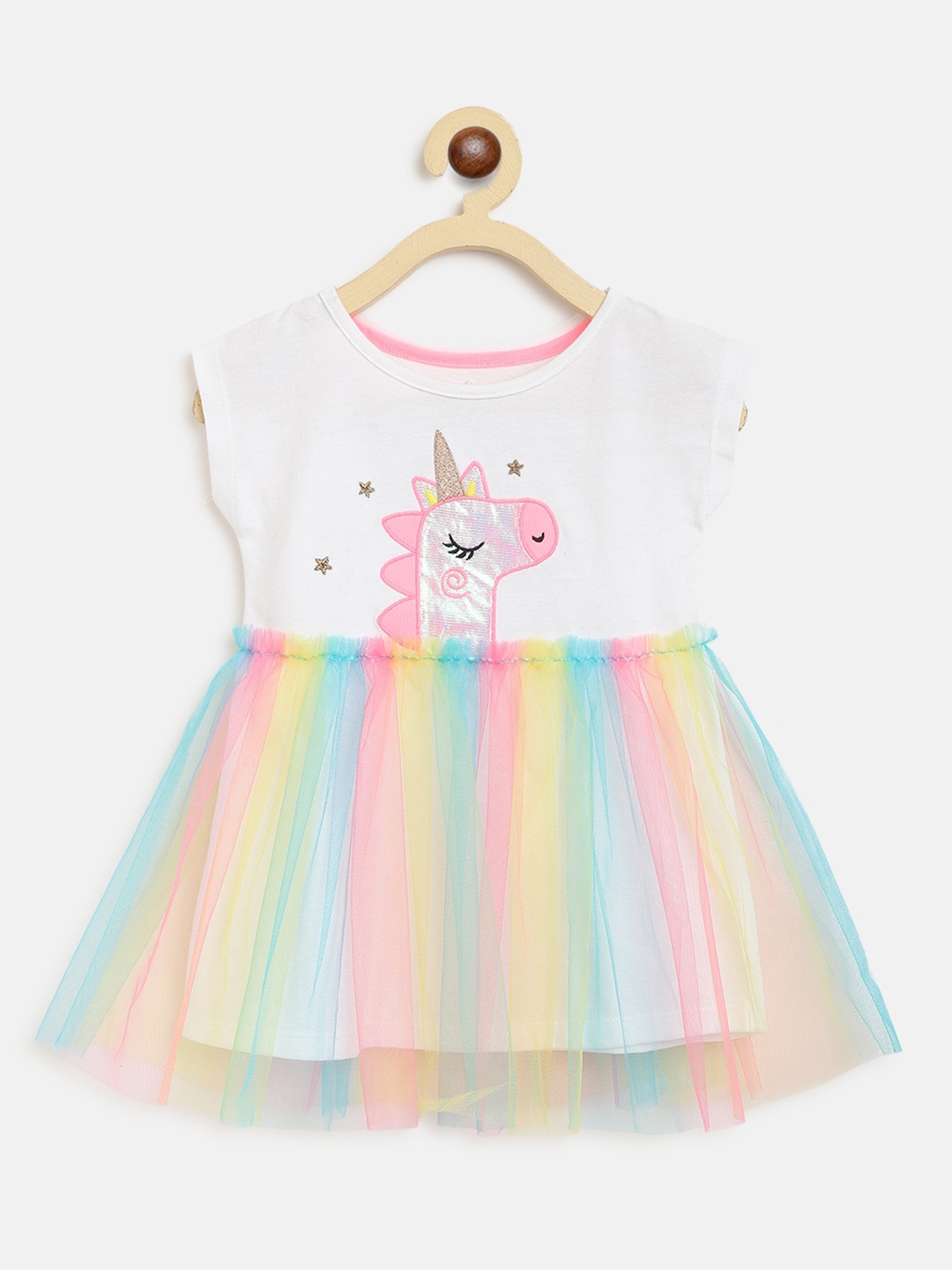 

Nauti Nati Girls White & Yellow Unicorn Embellished Pure Cotton Fit & Flare Dress