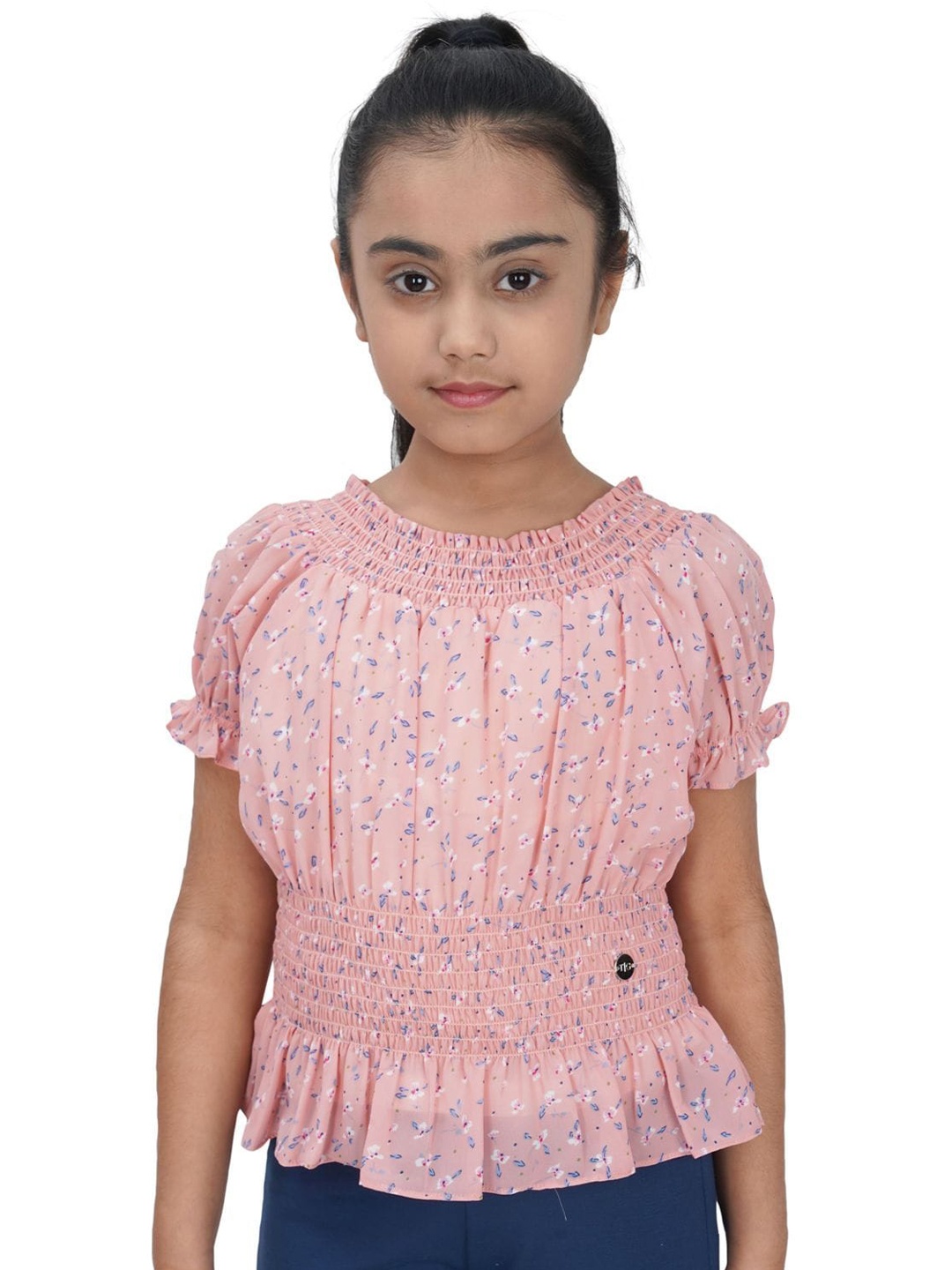 

Tiny Girl Girls Peach & Blue Floral Printed Smocked Cinched Waist Top