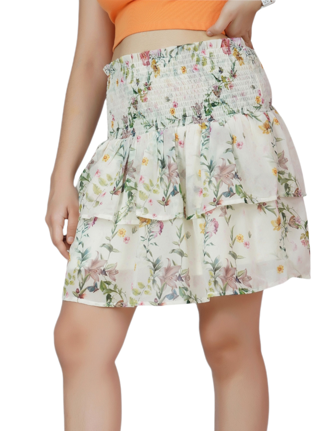 

Dress My Angel Girls Off White Floral Printed Smoked Skirts
