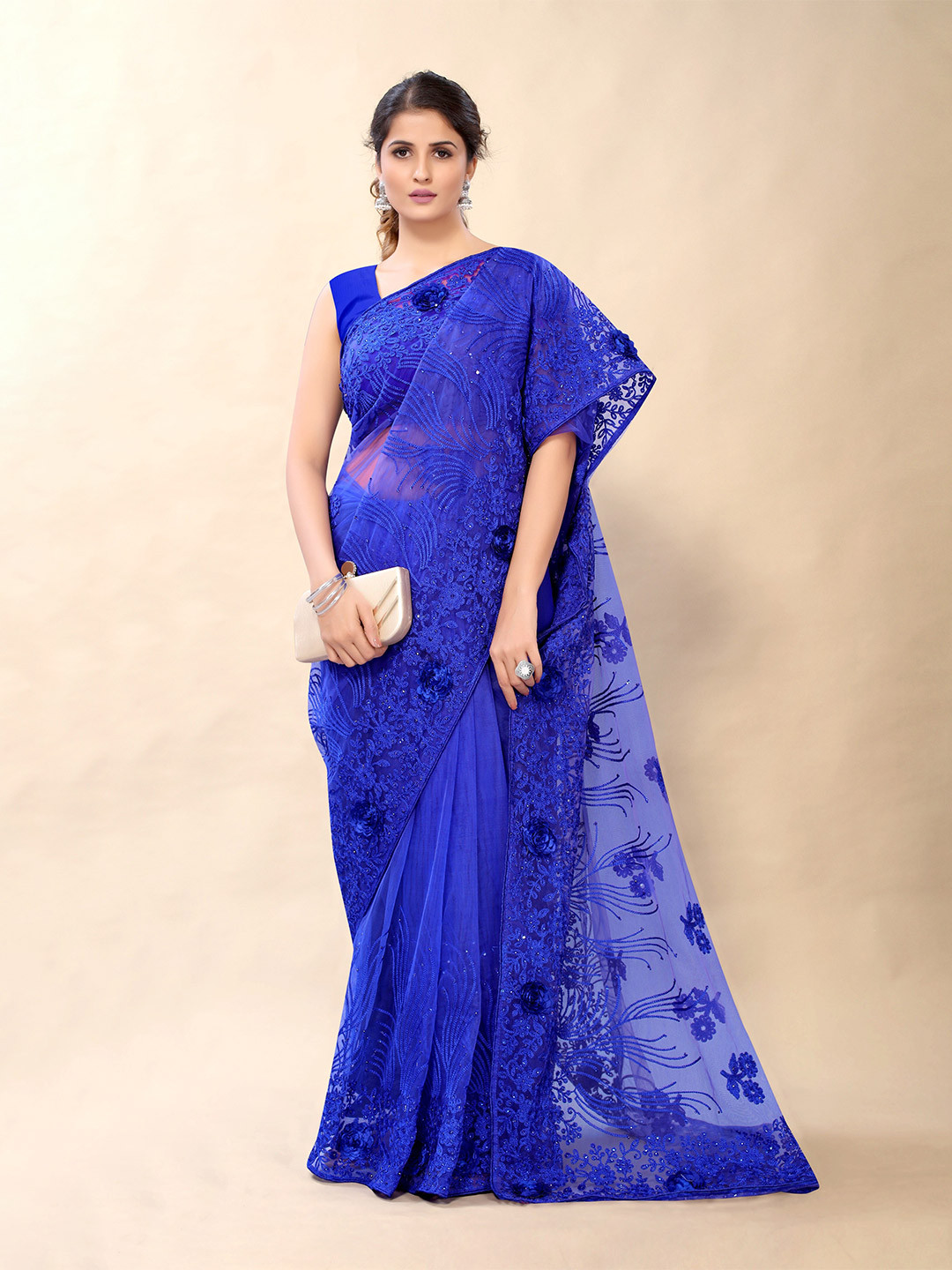 

Sangria Blue Floral Embroidered Net Heavy Work Saree