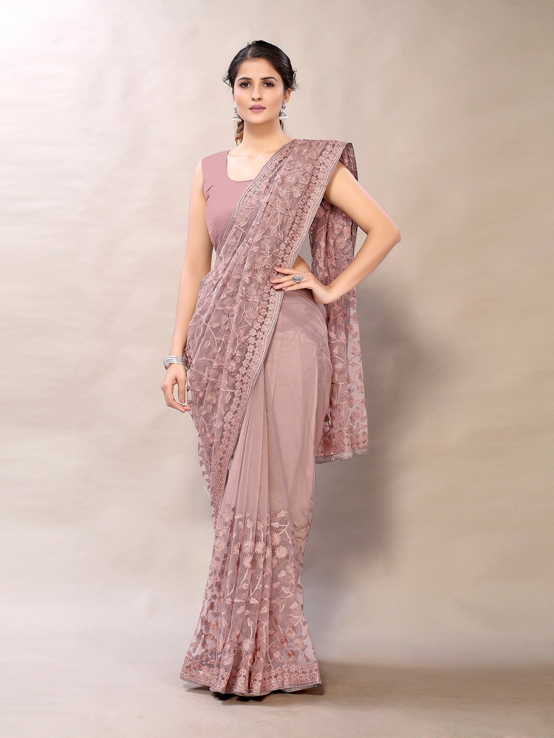 

Sangria Pink Floral Net Embroidered Heavy Work Saree