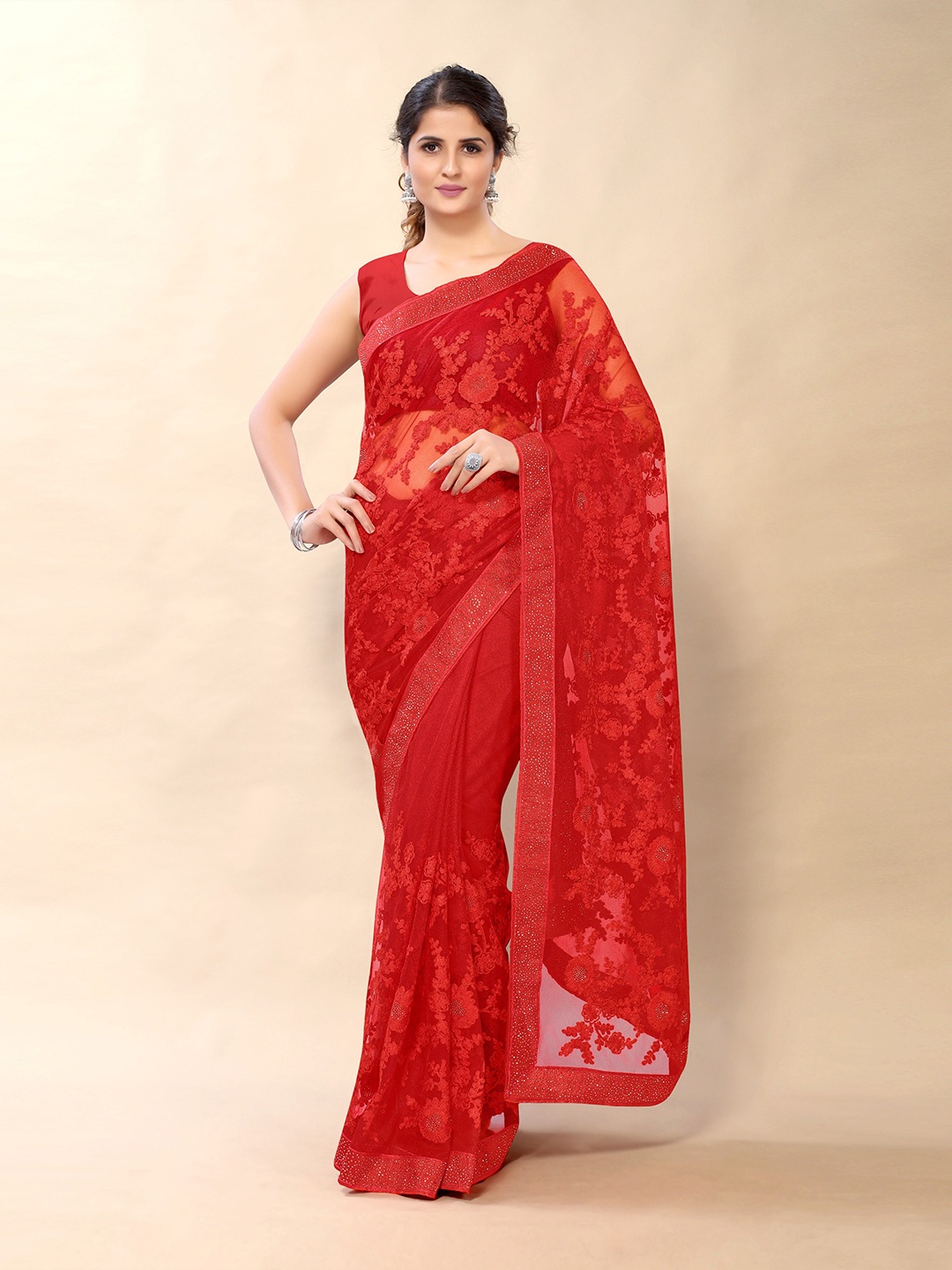 

Sangria Red Floral Embroidered Net Heavy Work Saree