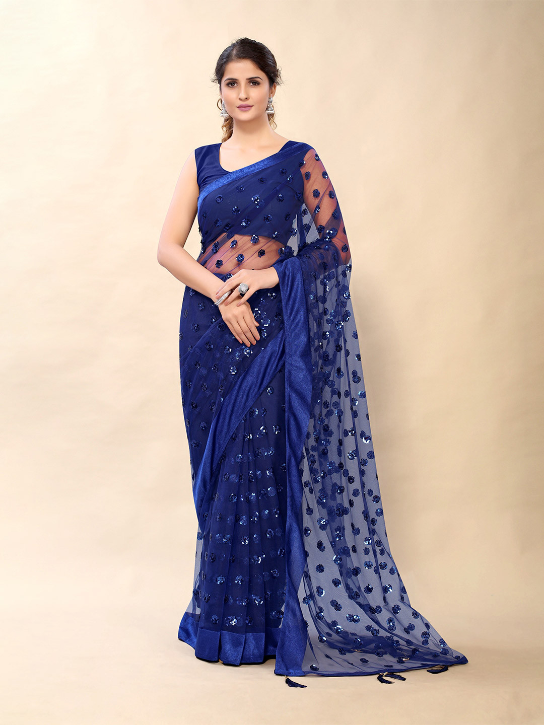 

Sangria Navy Blue Floral Embroidered Net Heavy Work Saree