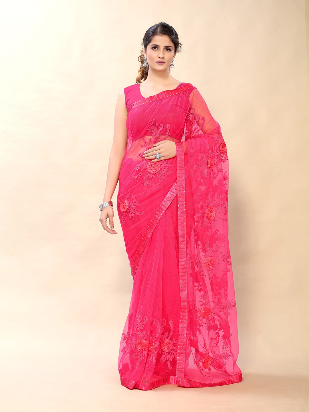 

Sangria Pink Embellished Embroidered Net Heavy Work Saree