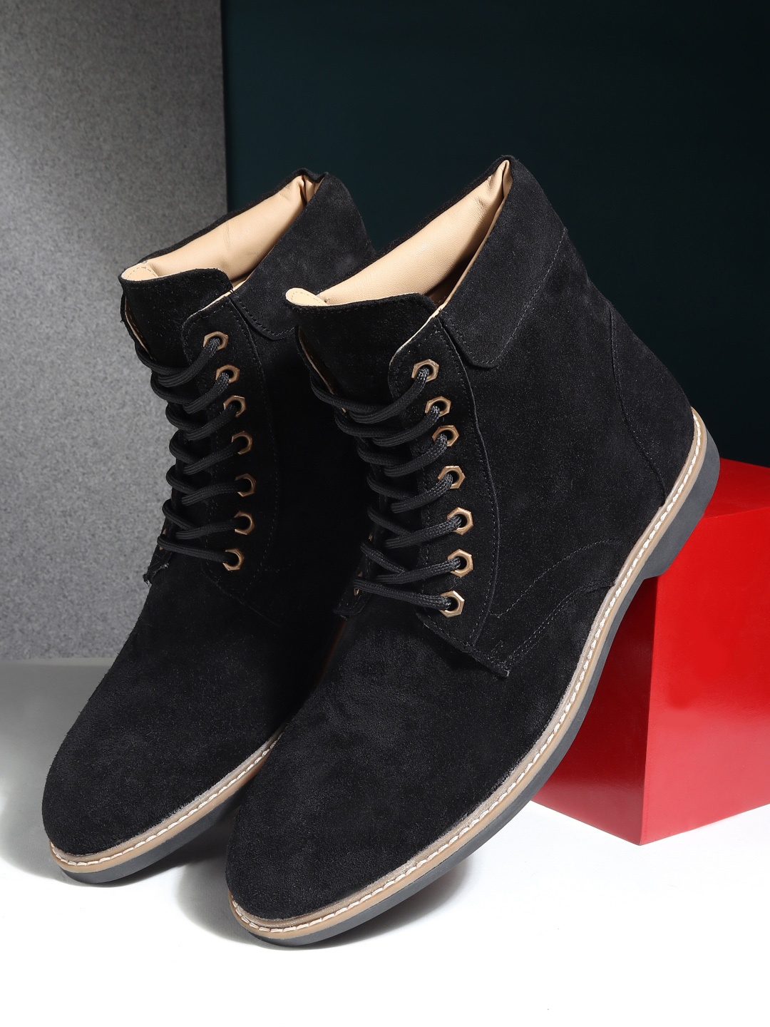 

Teakwood Leathers Men Black Solid Suede Mid-Top Flat Boots