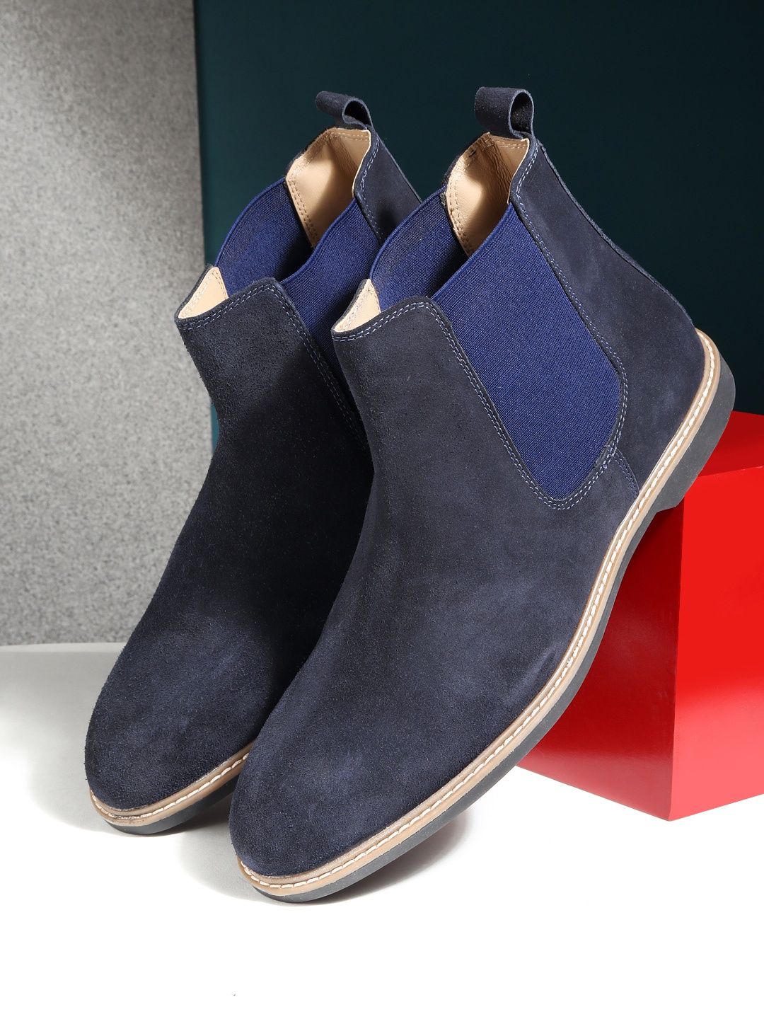 

Teakwood Leathers Men Navy Blue Round Toe Suede Mid-Top Chelsea Boot