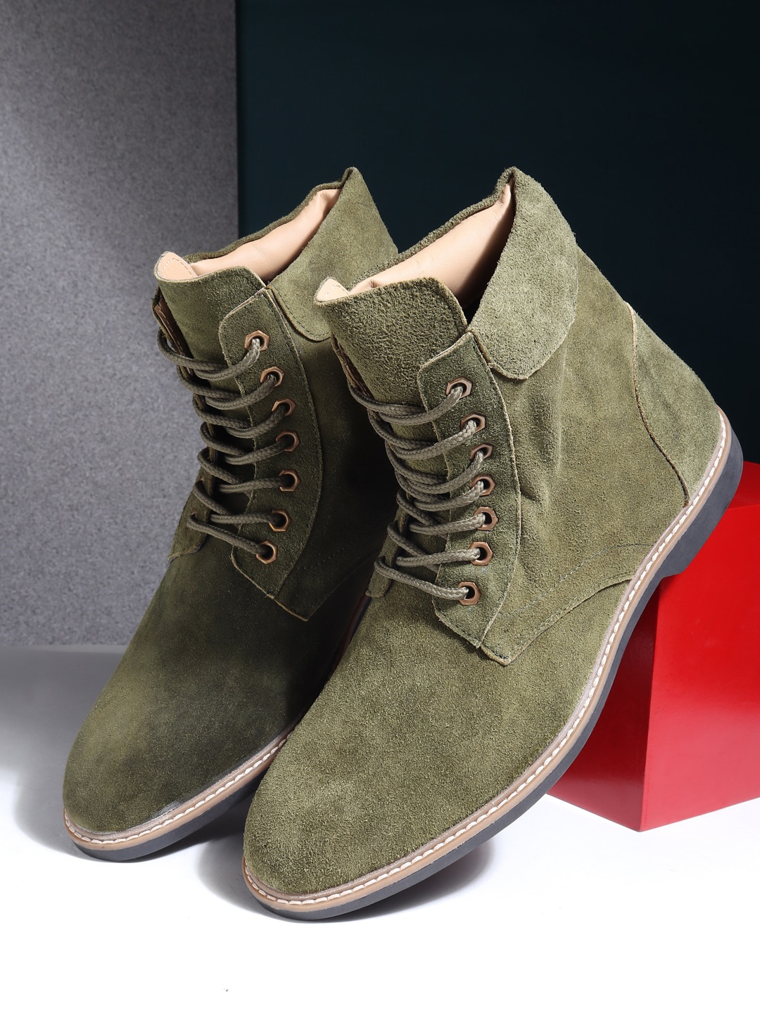 

Teakwood Leathers Men Olive Green Solid Mid-Top Boot