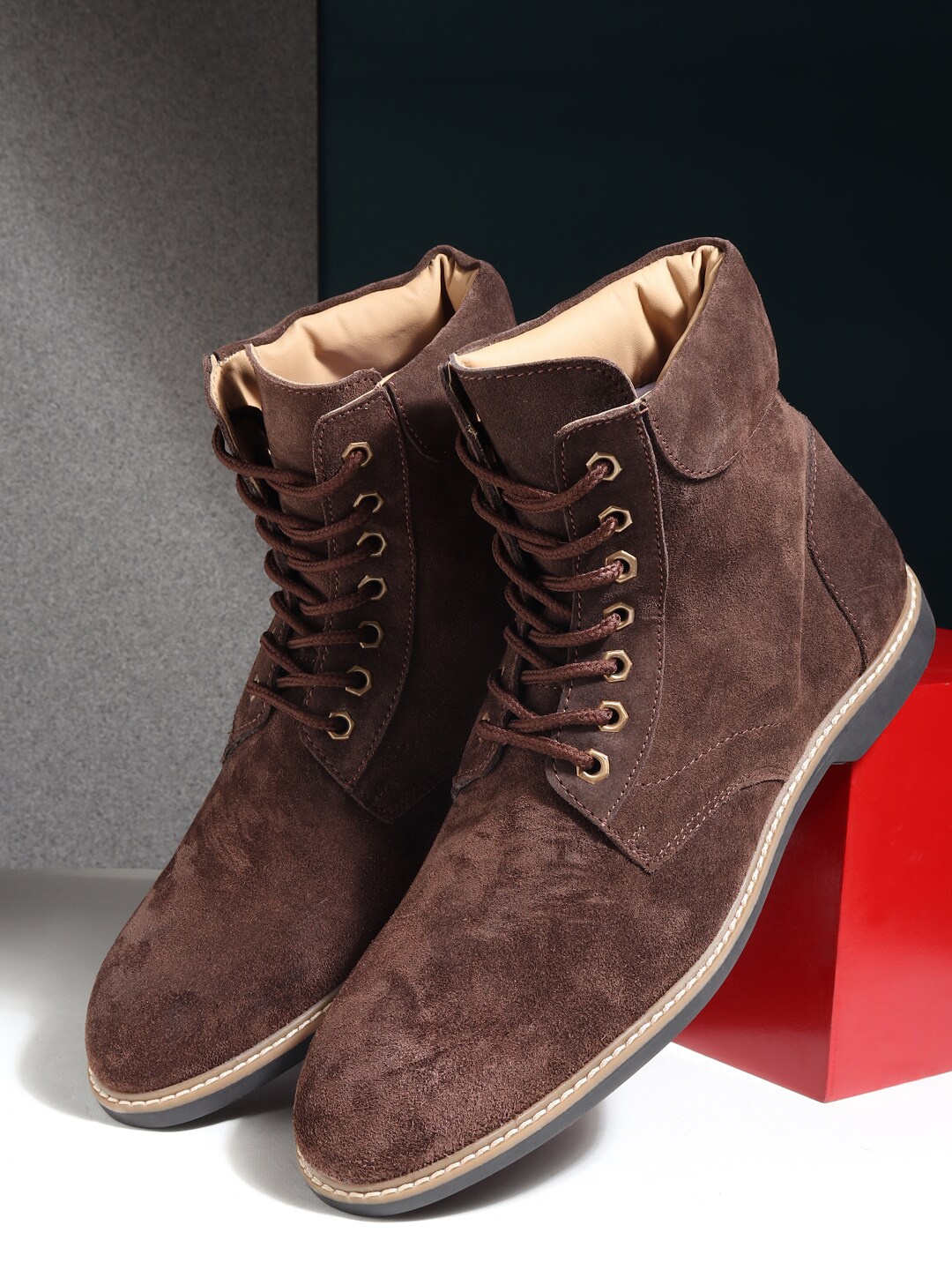 

Teakwood Leathers Men Brown Solid Round Toe Suede Mid-Top Flat Lace-up Boot