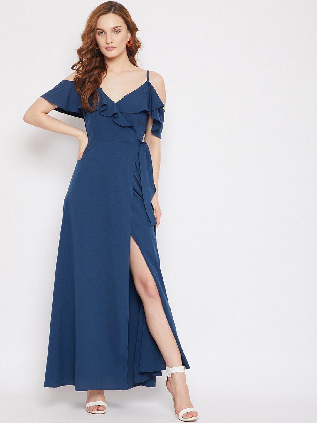 

Berrylush Women Blue Solid Crepe Wrap Dress