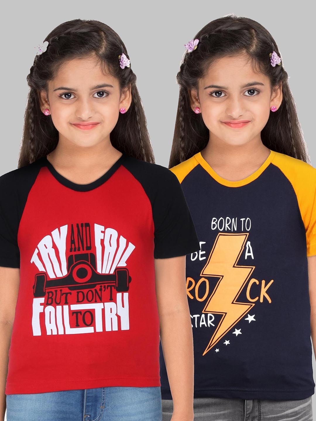 

Fleximaa Kids Pack of 2 Red & Navy Blue Typography Printed Cotton T-shirts