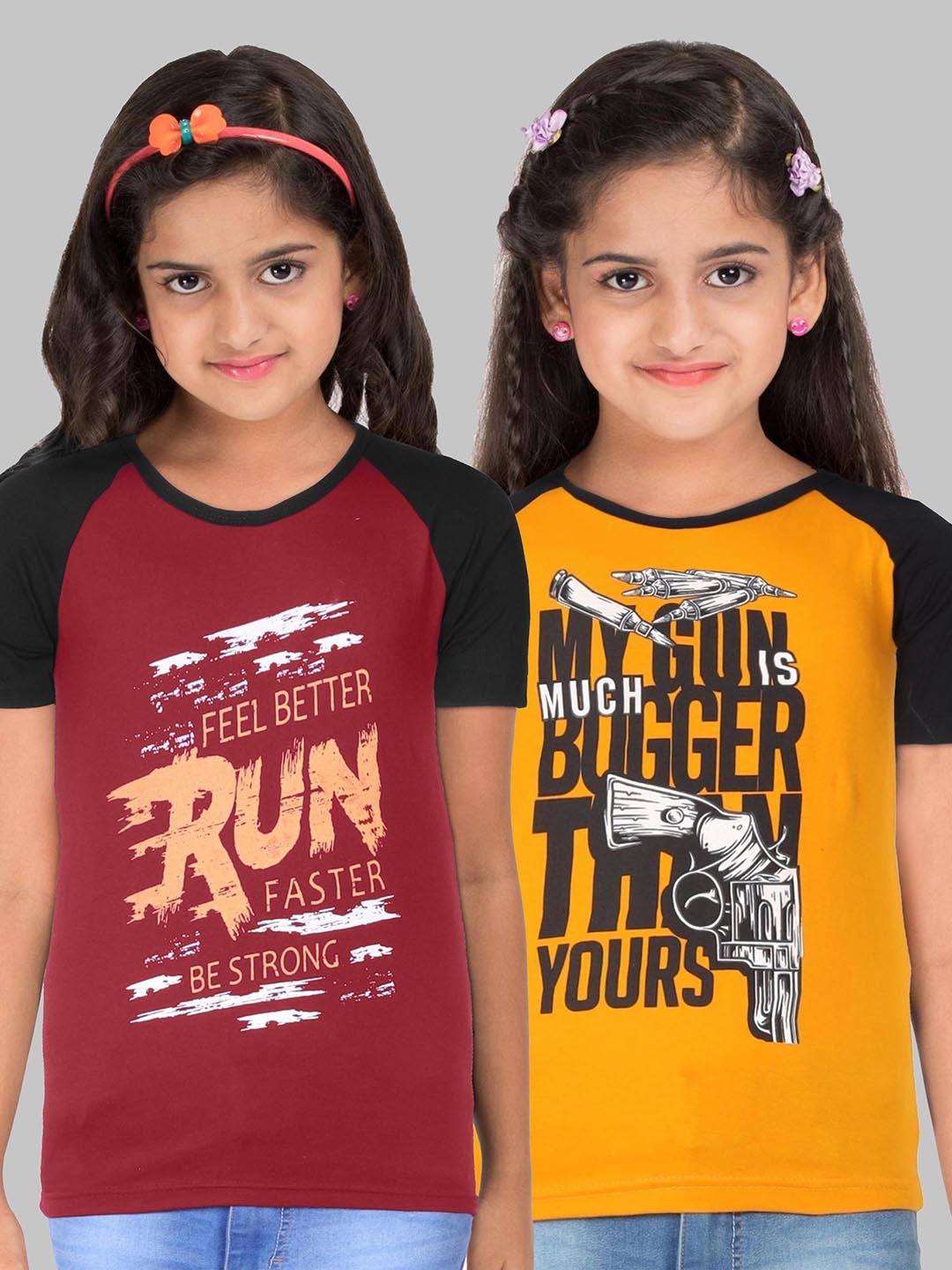 

Fleximaa Kids Pack of 2 Magenta & Yellow Typography Printed Cotton T-shirts