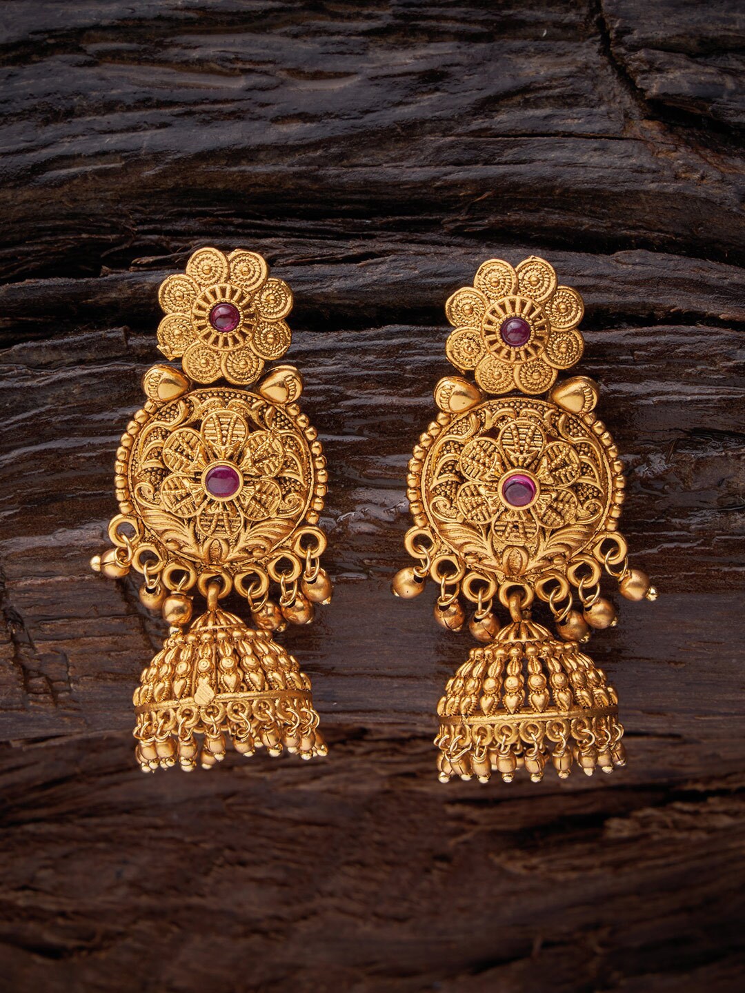 

Kushal's Fashion Jewellery Women Red Gold Plated Dome Shaped Jhumkas Earrings