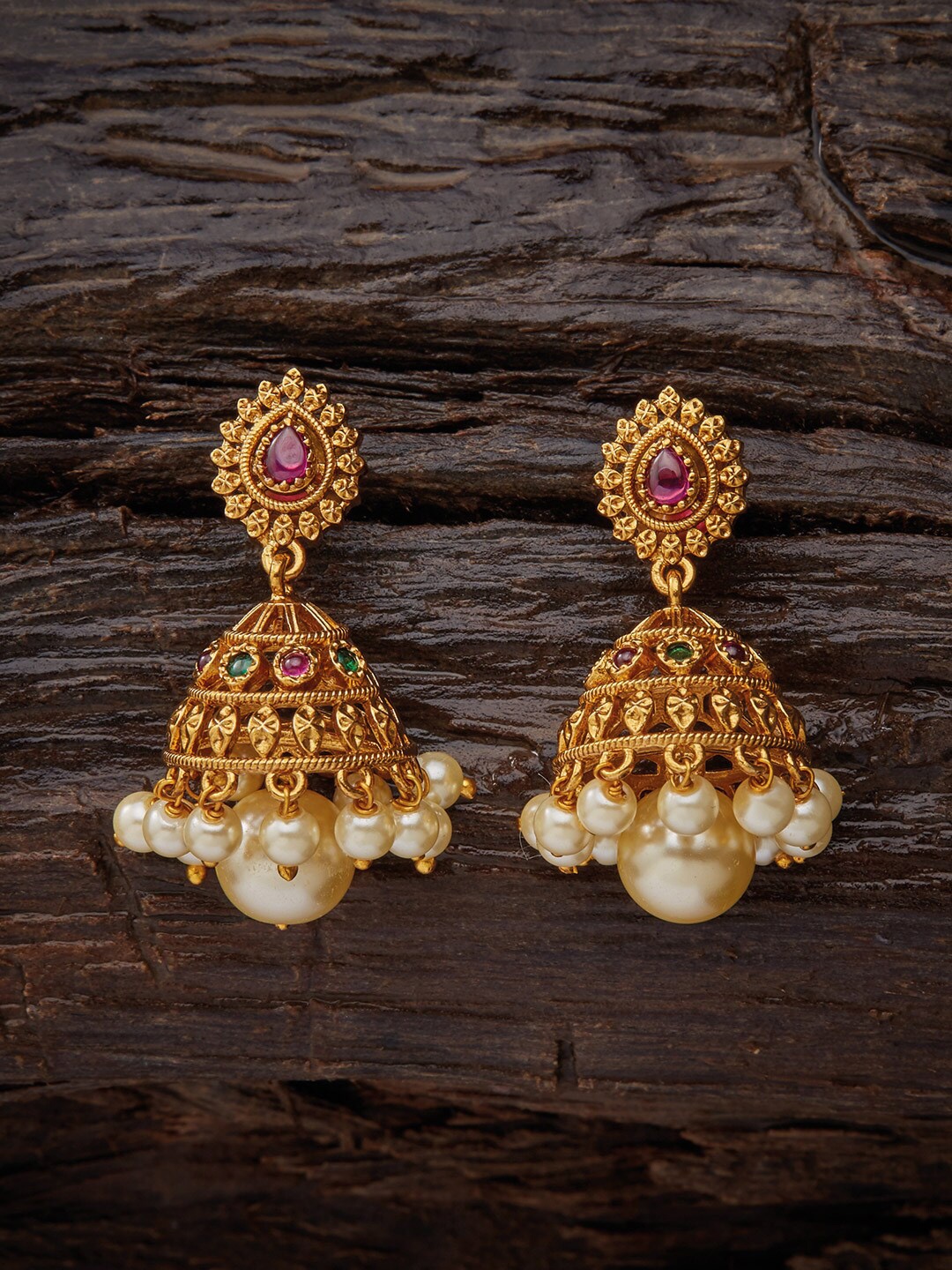 

Kushal's Fashion Jewellery Women Red Gold Plated Dome Shaped Jhumkas Earrings