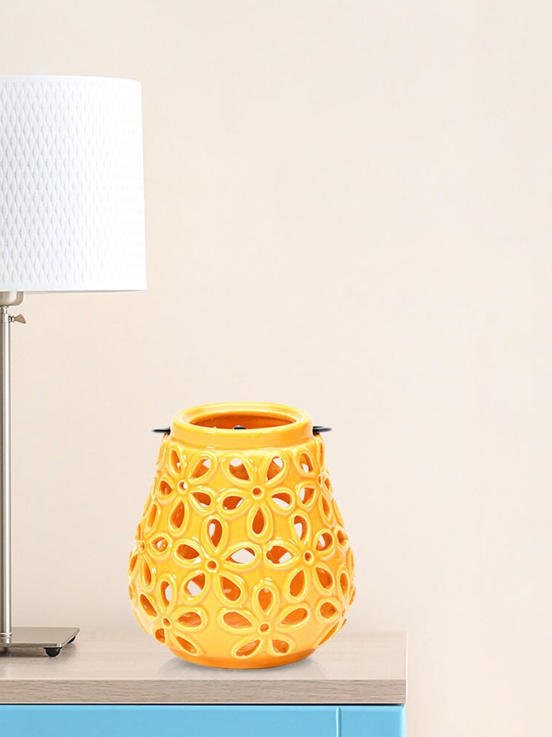 

Athome by Nilkamal Mustard Floral Cutwork Lantern Candle Holder