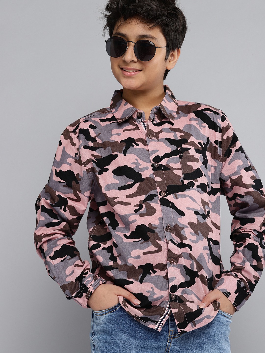 

YK Boys Pink & Blue Camouflage Print Pure Cotton Casual Shirt