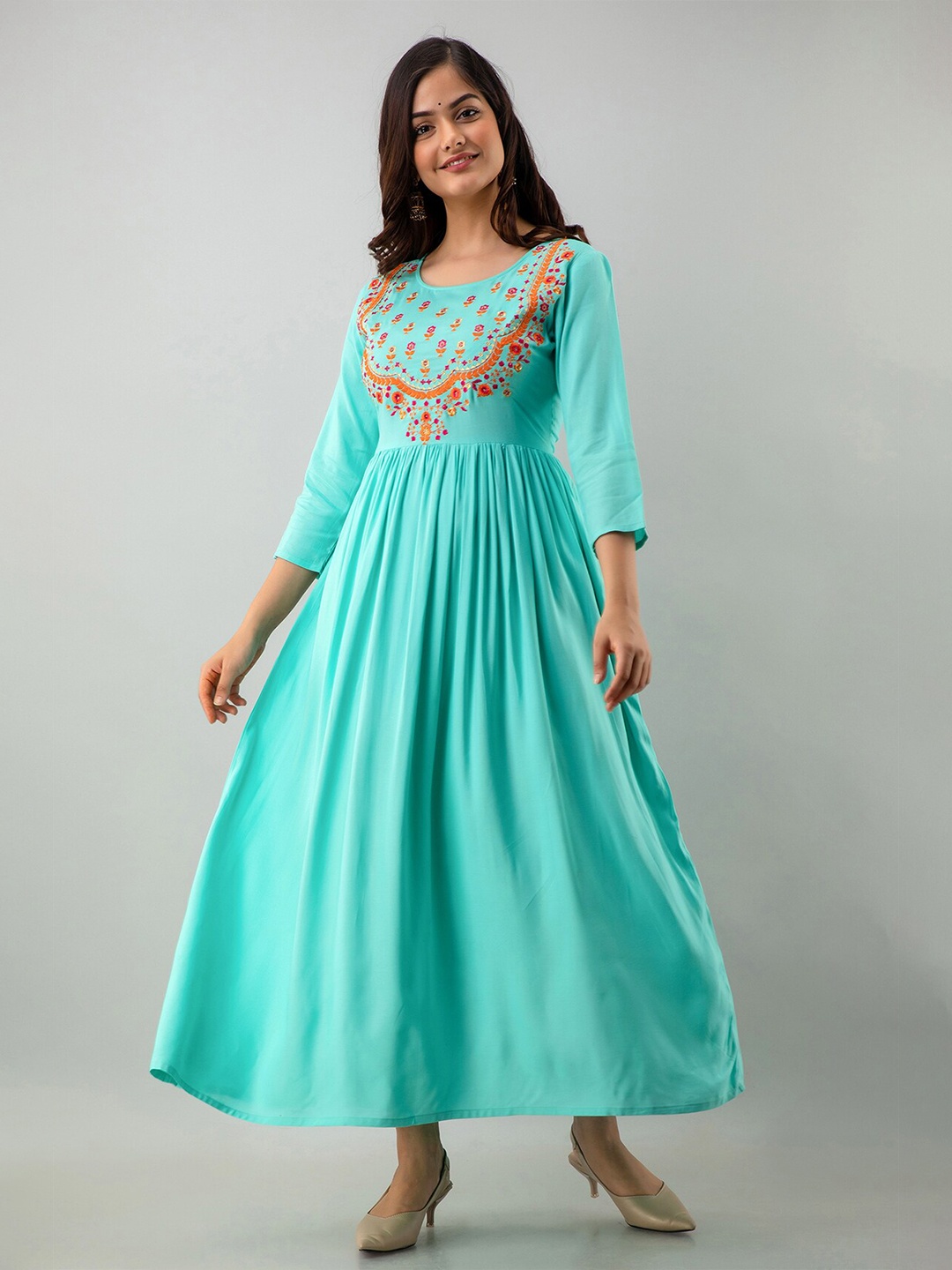 

GULMOHAR JAIPUR Sea Green Floral Embroidered Ethnic Maxi Dress