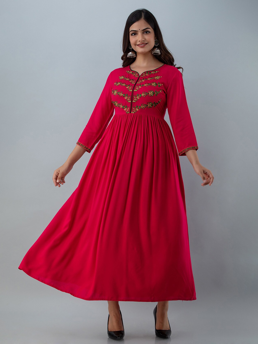 

GULMOHAR JAIPUR Fuchsia & Green Floral Embroidered Ethnic Maxi Dress