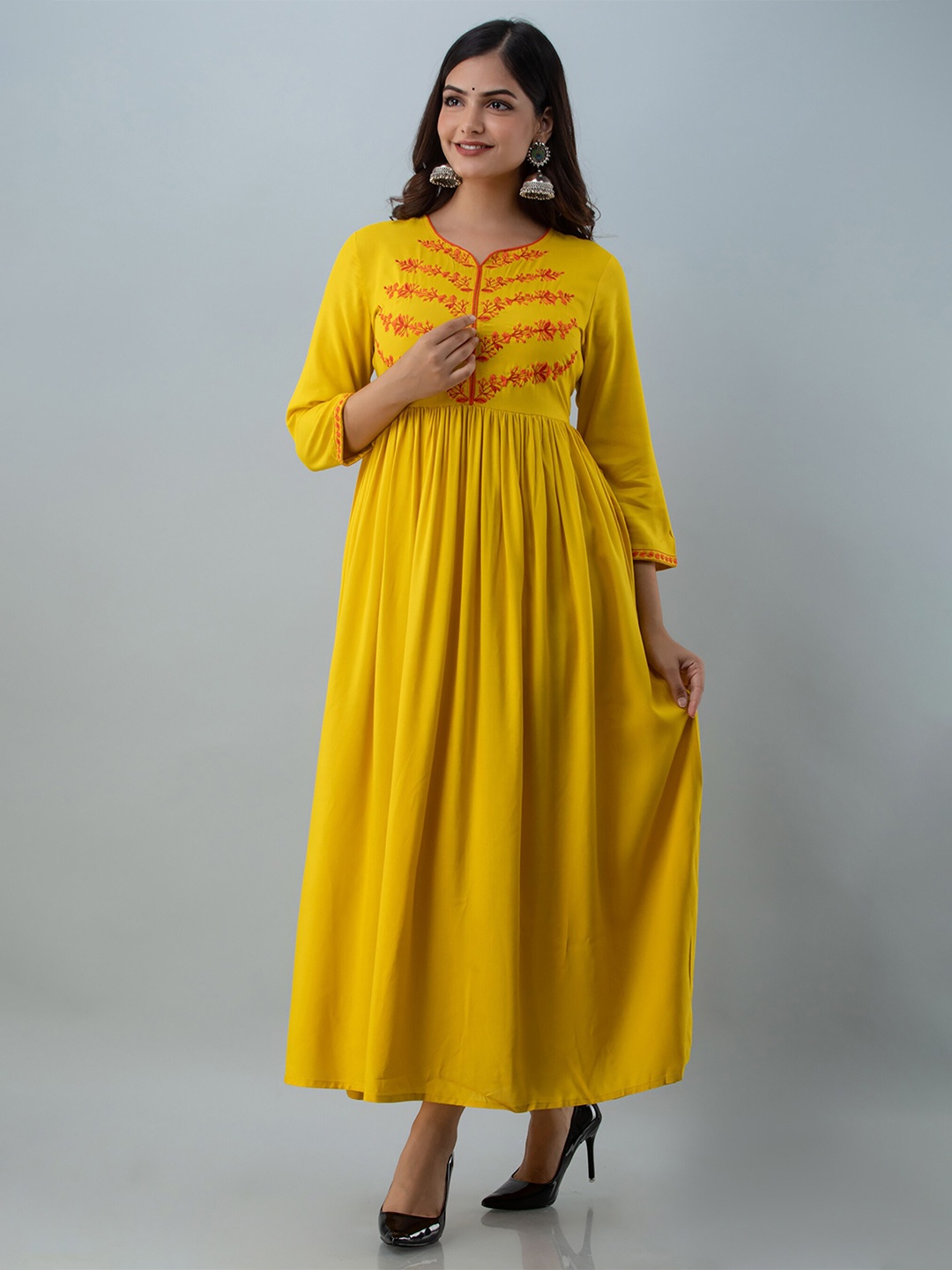 

GULMOHAR JAIPUR Mustard Yellow Floral Embroidered Tie-Up Neck Ethnic Maxi Dress