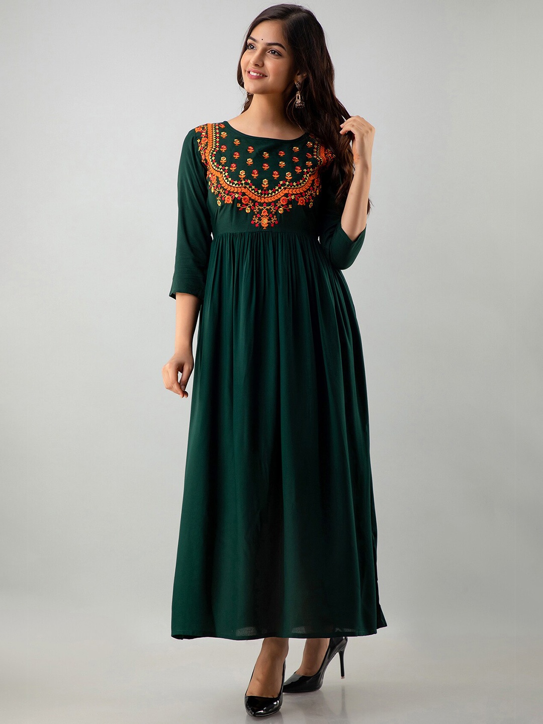 

GULMOHAR JAIPUR Green Floral Embroidered Ethnic Maxi Dress