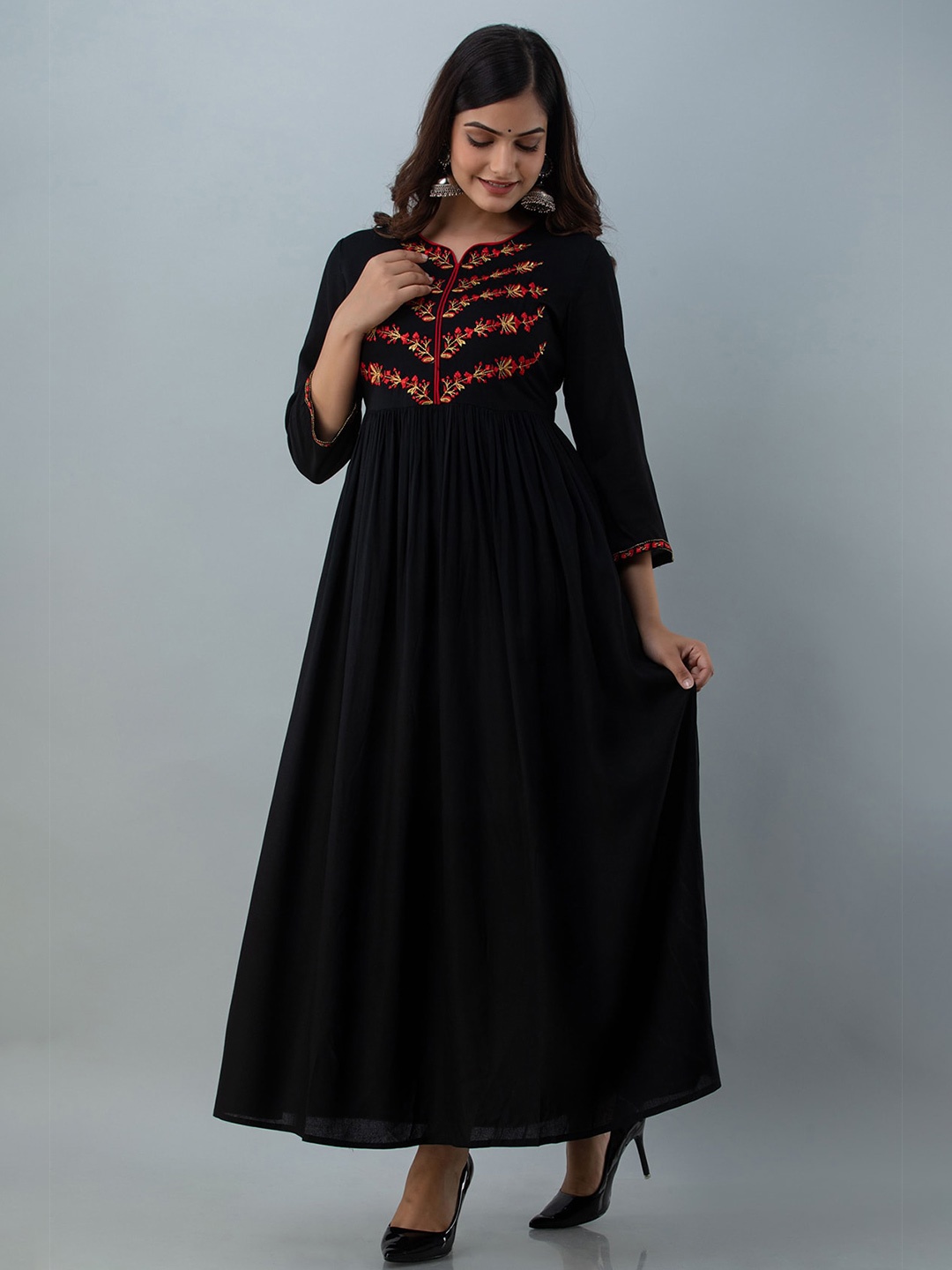 

GULMOHAR JAIPUR Black & Red Floral Embroidered Ethnic Maxi Dress