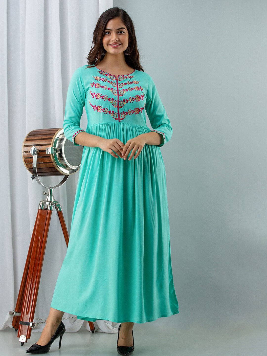 

GULMOHAR JAIPUR Turquoise Blue Floral Embroidered Ethnic Maxi Dress