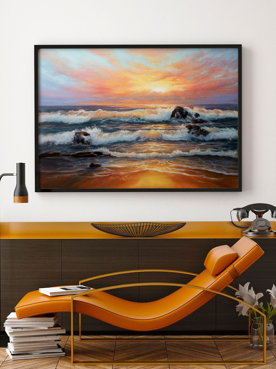 

ARTSPACE Orange & Blue Printed Golden Sunrise On The Beach Canvas Painting Wall Art