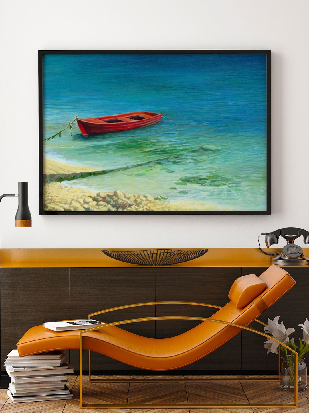 

ARTSPACE Green & Blue Printed Fishing boat In Island Canvas Painting Wall Art