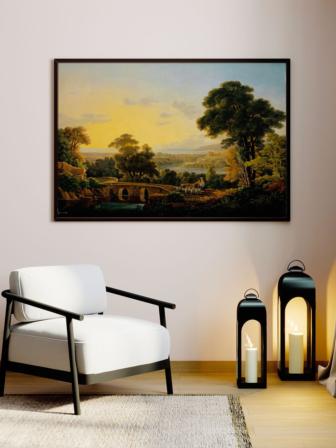 

ARTSPACE Green & Yellow Hilly Landscape With River & Bridge Canvas Painting