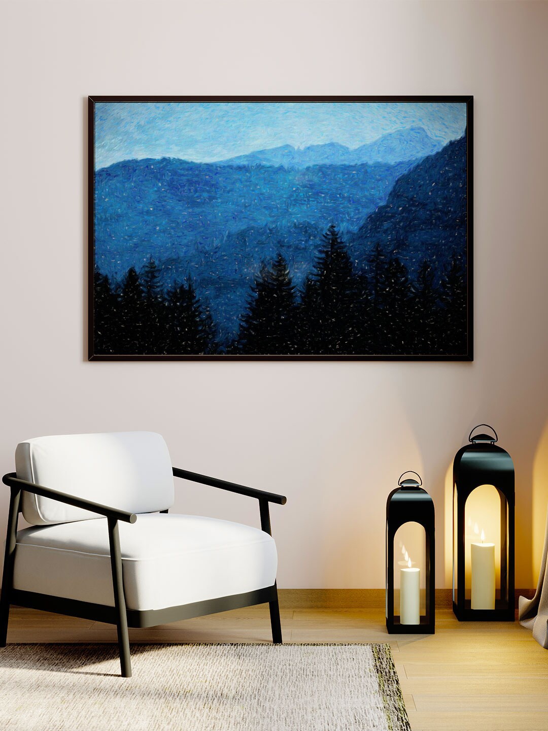 

ARTSPACE Blue Modern Forest Landscape Fog Canvas Painting With Frame