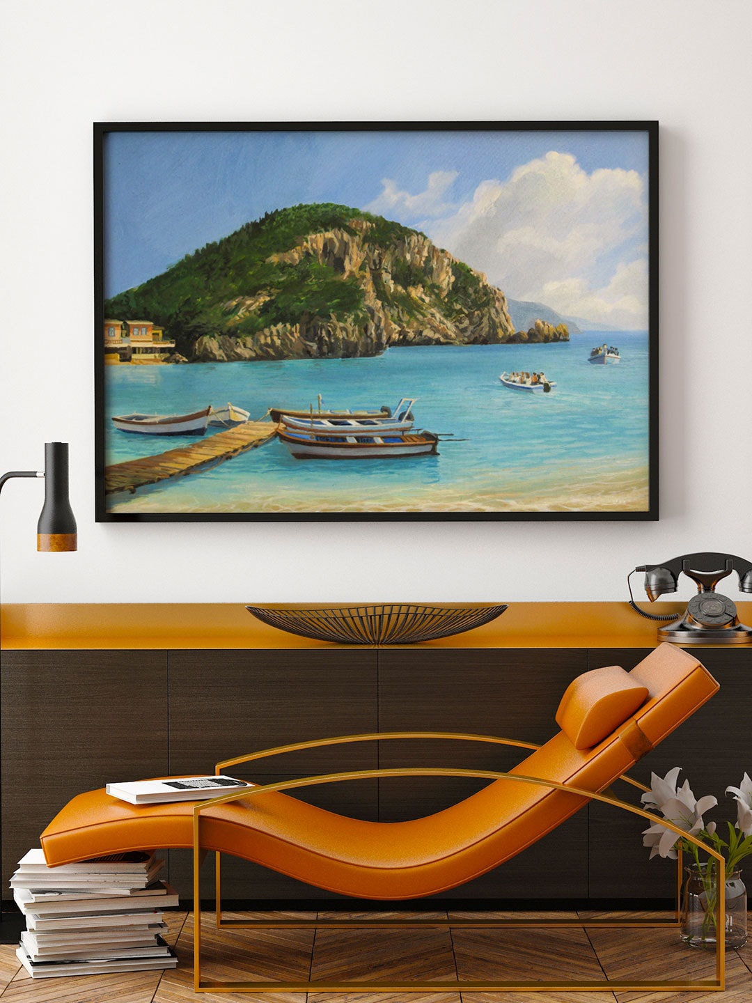 

ARTSPACE Green & Blue Printed The Boats Canvas Painting Wall Art