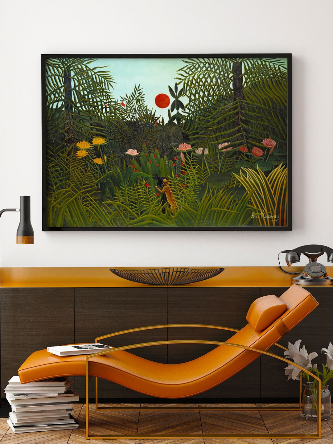 

ARTSPACE Green & Blue Printed Jungle with Setting Sun Canvas Painting Wall Art