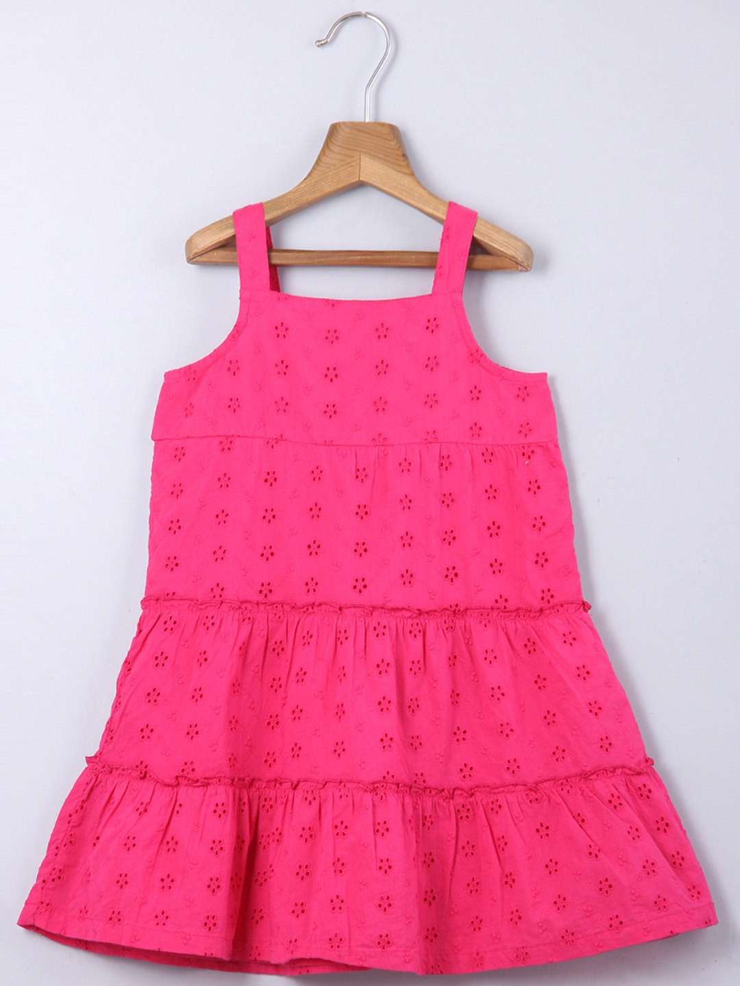 

Beebay Girls Fuchsia Schiffli Embroidered Tiered Cotton A-Line Dress