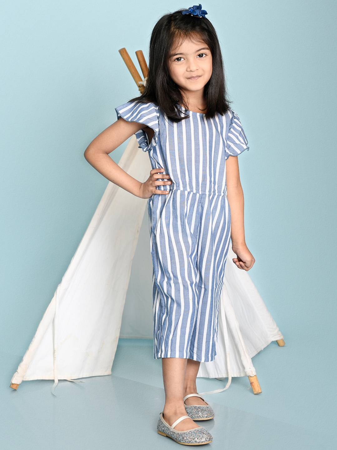 

Beebay Girls Blue & White Striped Cotton Basic Jumpsuit