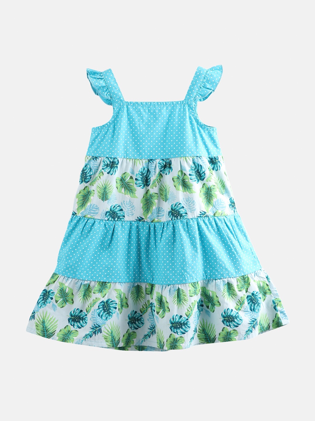 

Beebay Girls Turquoise Blue & White Floral Tiered Cotton A-Line Dress