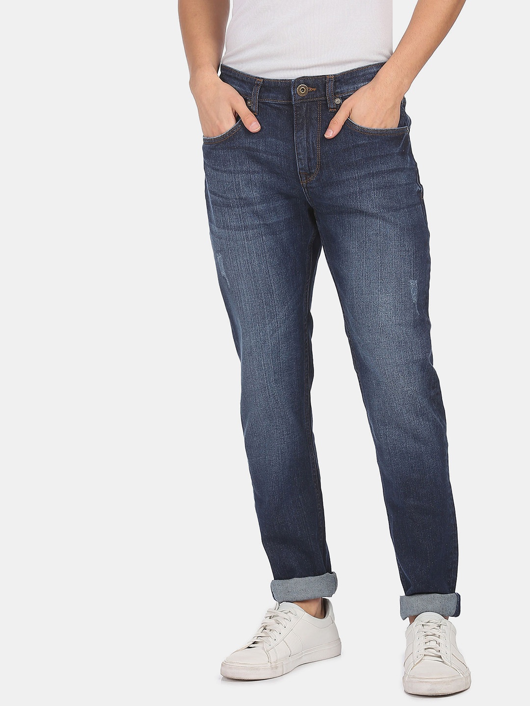 

AD By Arvind Men Blue Slim Fit Low Distress Heavy Fade Jeans