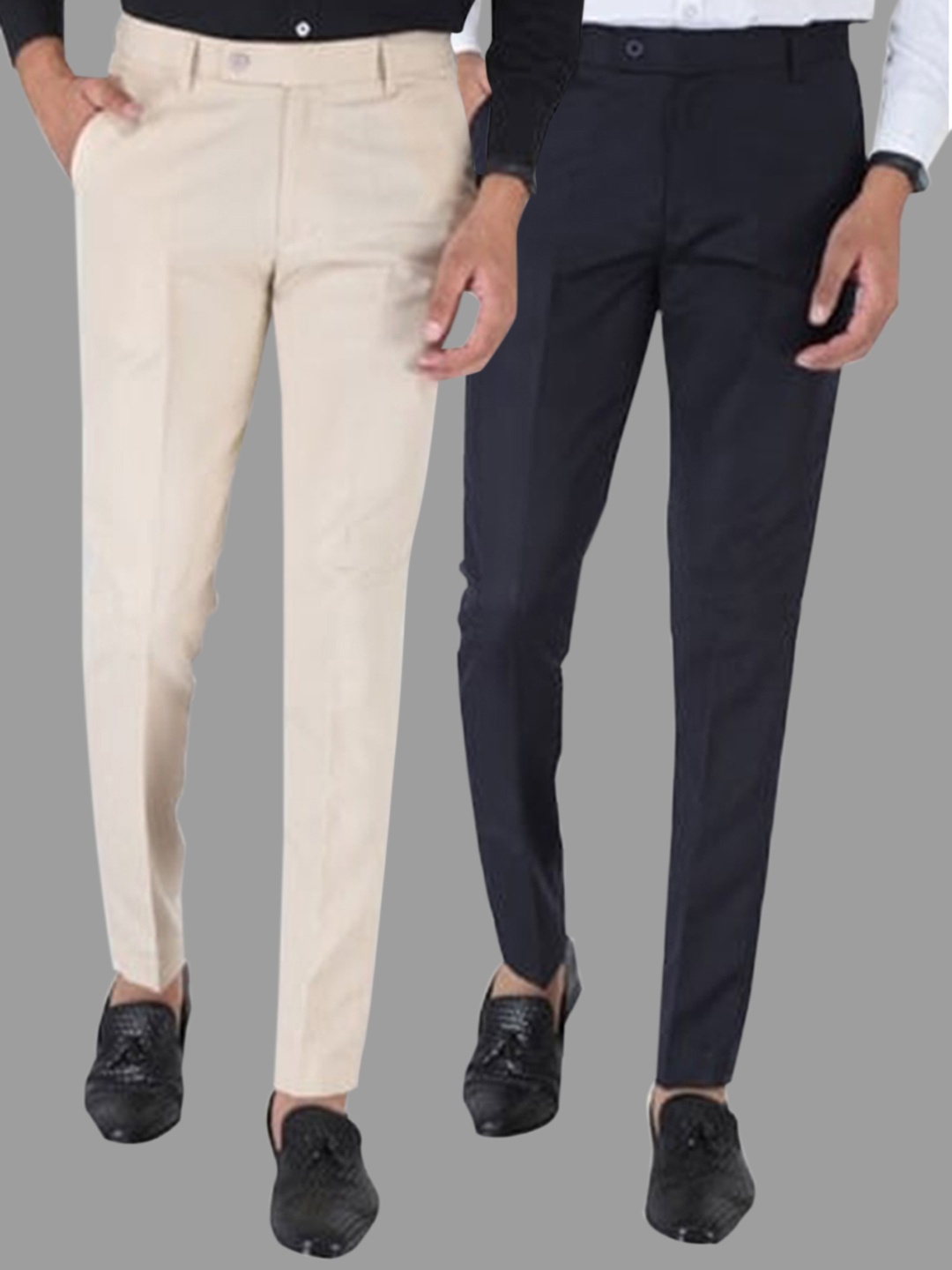 

Srey trends Men Pack of 2 Cream-Coloured & Dark Blue Smart Slim Fit Trousers