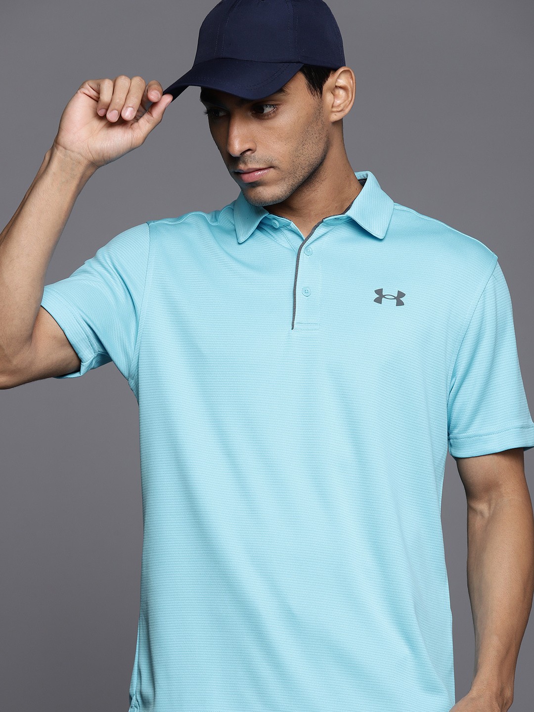 

UNDER ARMOUR Men Blue Tech Brand Logo Polo Collar Loose T-shirt