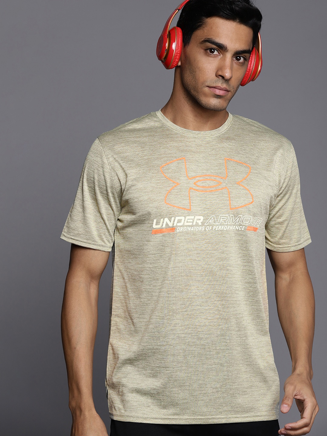 

UNDER ARMOUR Men Beige & Orange Training Vent Graphic Brand Logo Printed Oversized Fit T-shirt