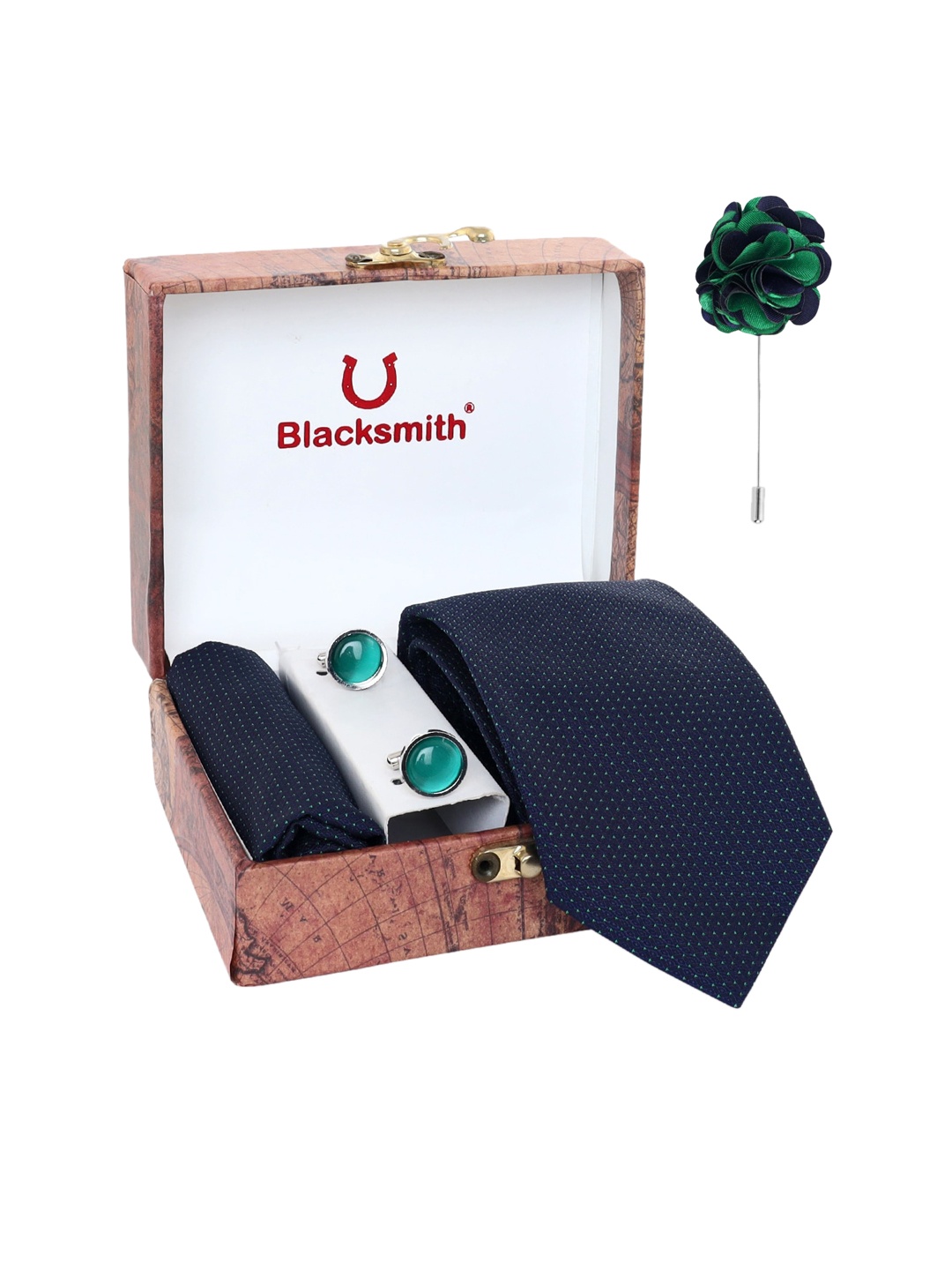 

Blacksmith Men Navy Blue & Green Self-Design Accessory Gift Set