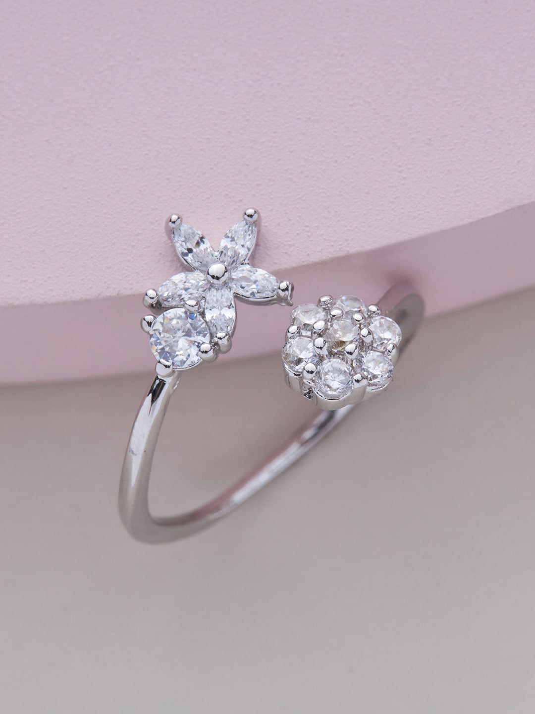 

Kushal's Fashion Jewellery Rhodium-Plated White CZ-Studded Adjustable Finger Ring