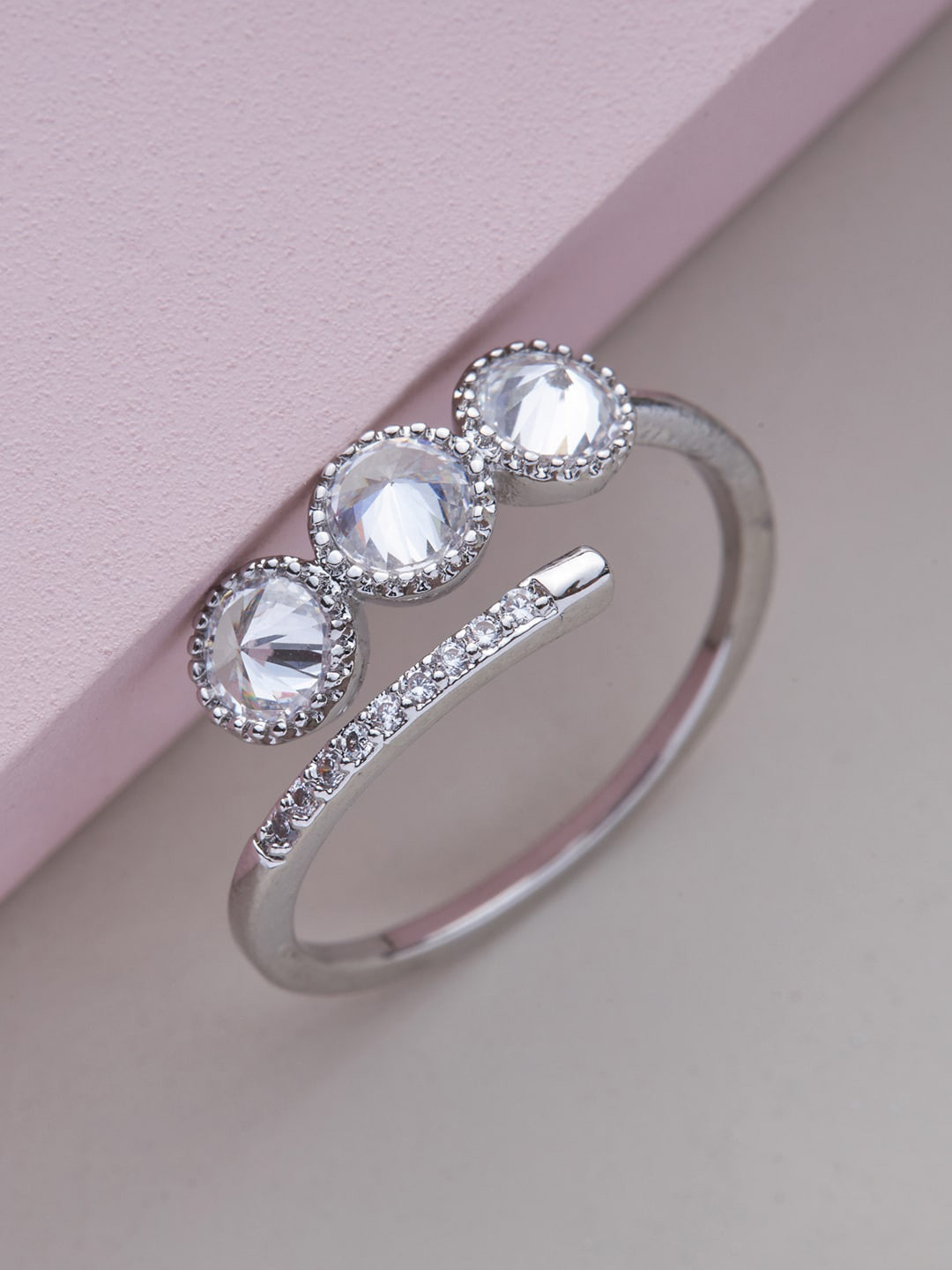 

Kushal's Fashion Jewellery Slver-Toned Rhodium-Plated & White CZ Stone-Studded Finger Ring, Silver