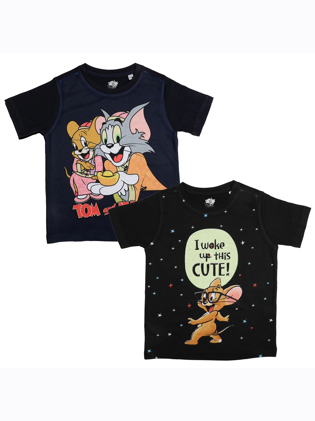 

Tom & Jerry by Wear Your Mind Boys Pack Of 2 Navy Blue & Black Tom & Jerry Printed T-shirt