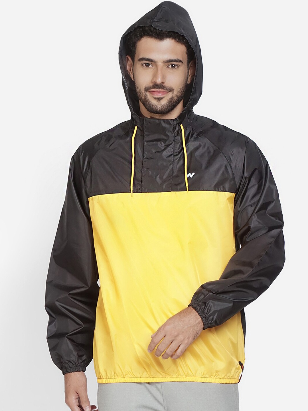 Wildcraft Men Mustard & Black Solid Hooded Rain Jacket