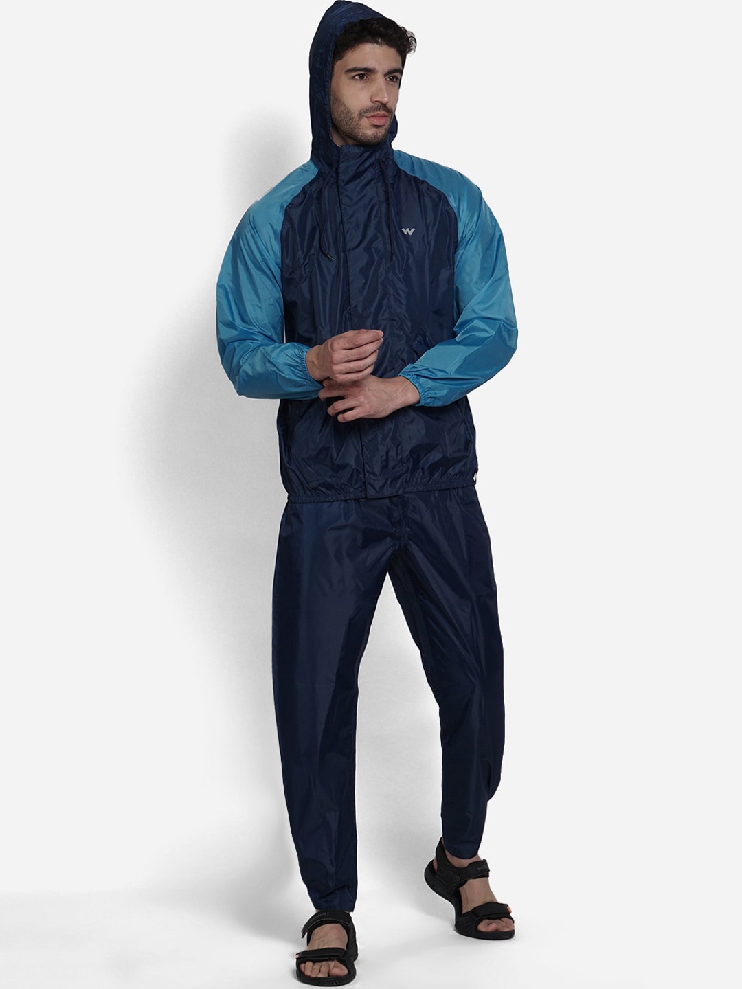 

Wildcraft Men Navy Blue Solid Waterproof Hooded Rainsuit