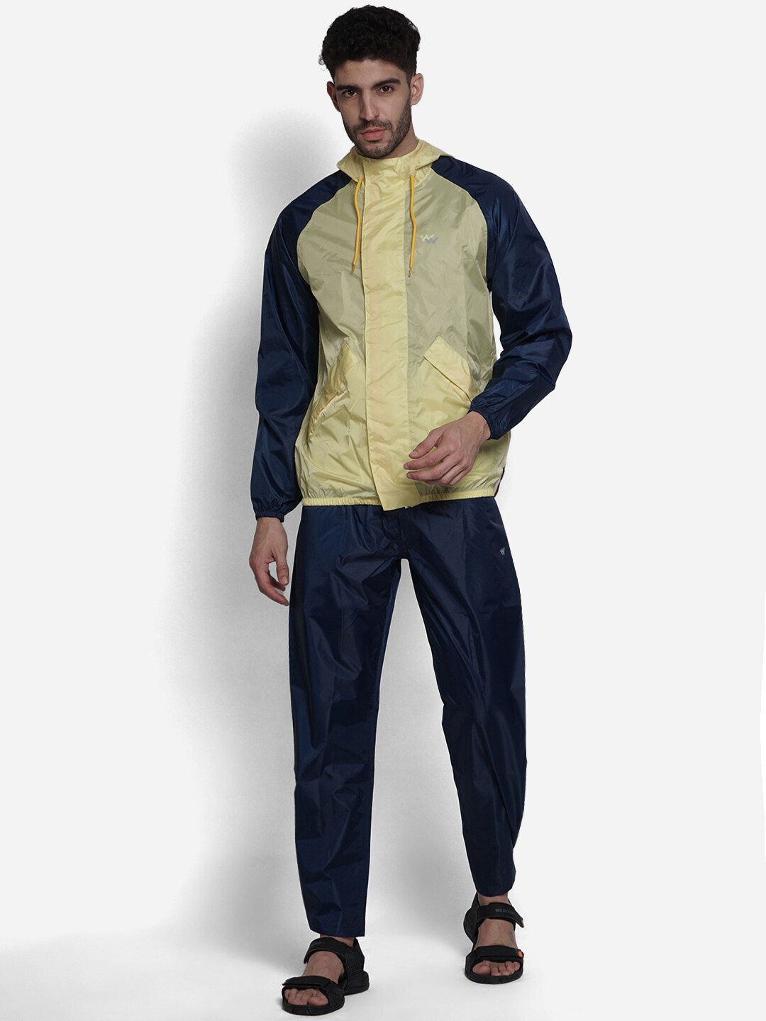 

Wildcraft Men Lime Green & Navy Blue Colourblocked Hooded Rain Jacket