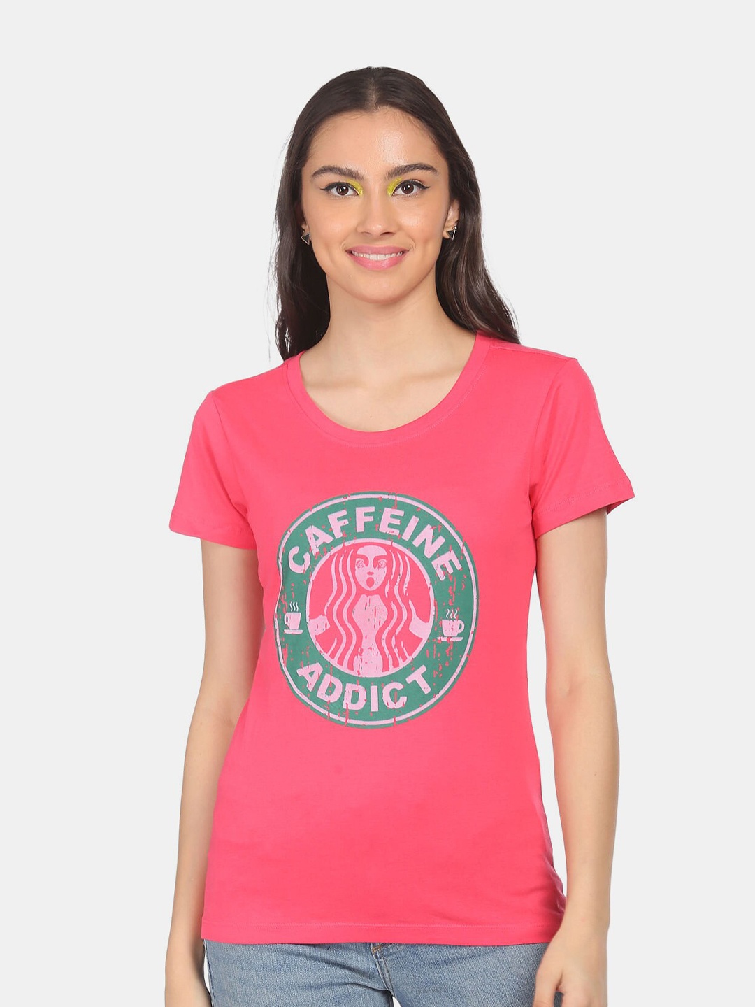 

Sugr Women Pink Pure Cotton Graphic Printed T-shirt