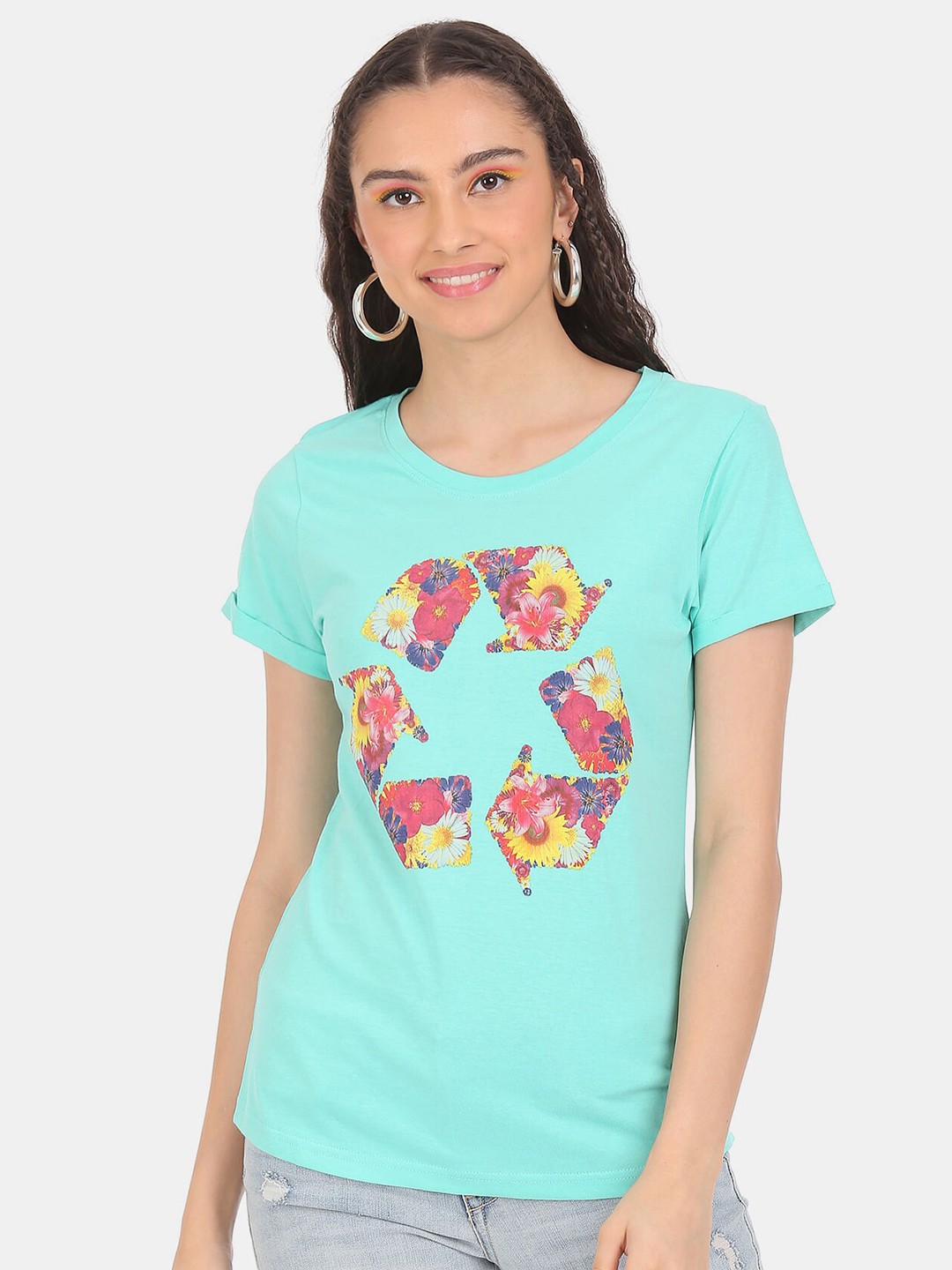 

Sugr Women Blue Printed Cotton T-shirt