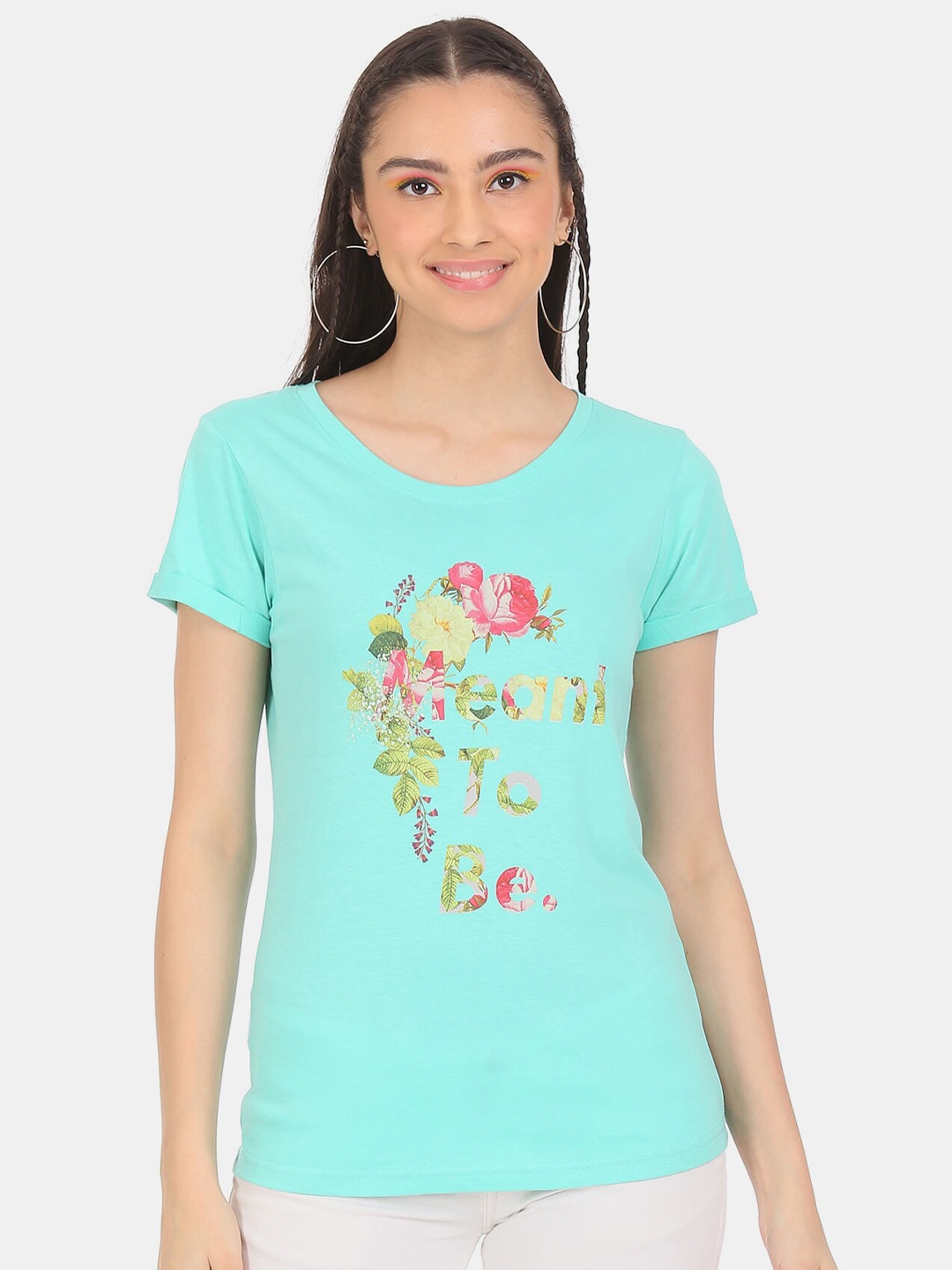 

Sugr Women Blue Floral Printed Cotton T-shirt