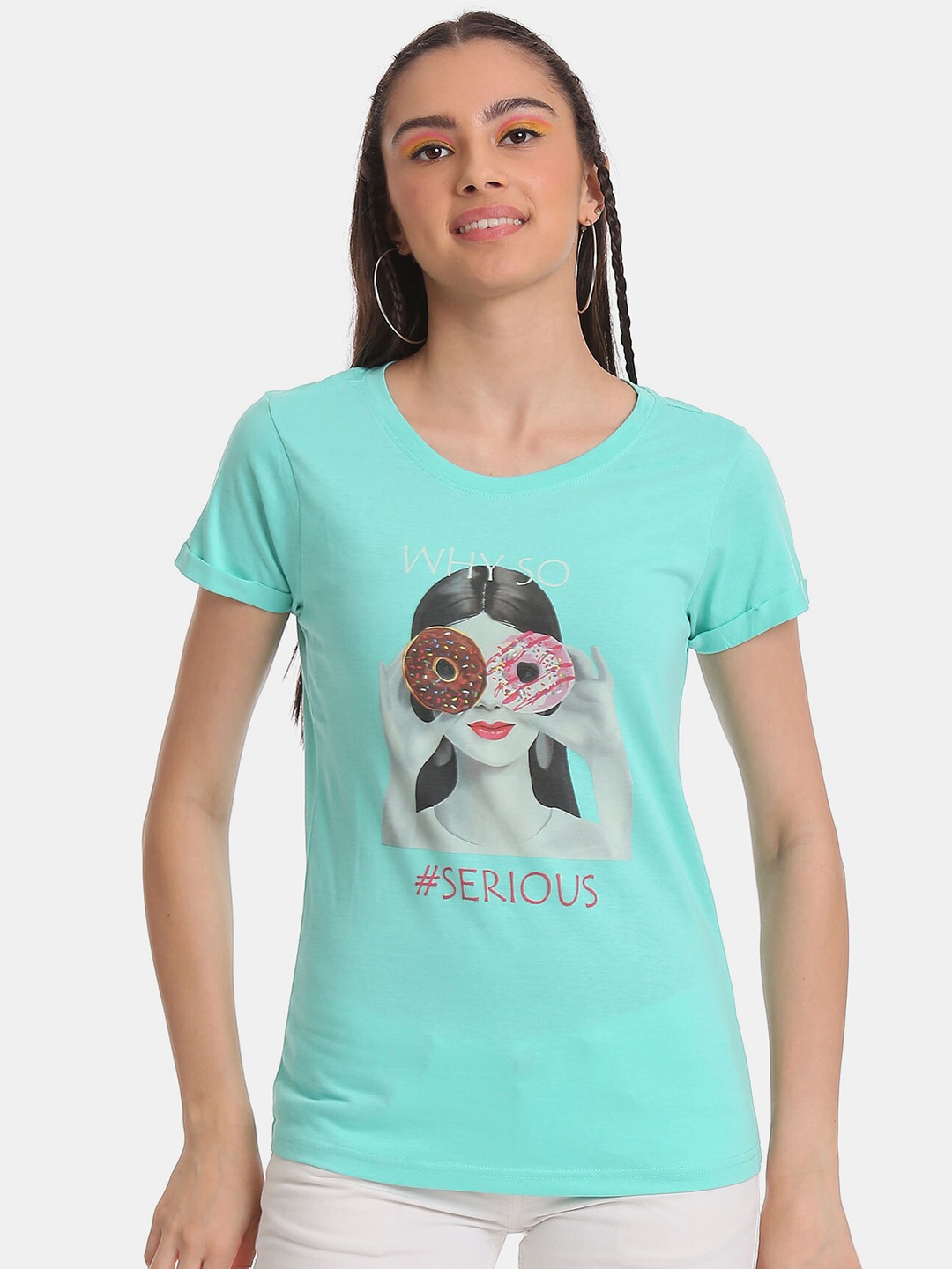 

Sugr Women Blue Graphic Printed Pure Cotton T-shirt